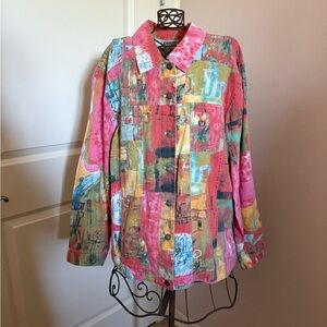 Chico's Multicolor Abstract Linen Blend Jacket Size Large